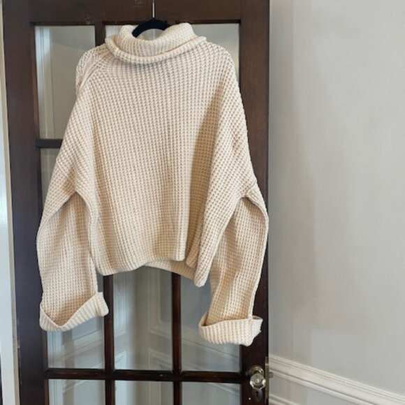 Free People Oversized Waffle Knit Turtleneck Sweater in Cream, Size Medium. - Picture 1 of 7